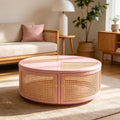 Blush Pink Rattan & Wood Round Coffee Table