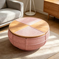 Blush Pink Woven & Wood Round Coffee Table